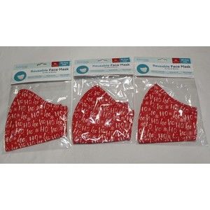 Boomer Naturals- 3pk Sz XL Reusable Cloth Face Masks- Red Christmas HO HO- New